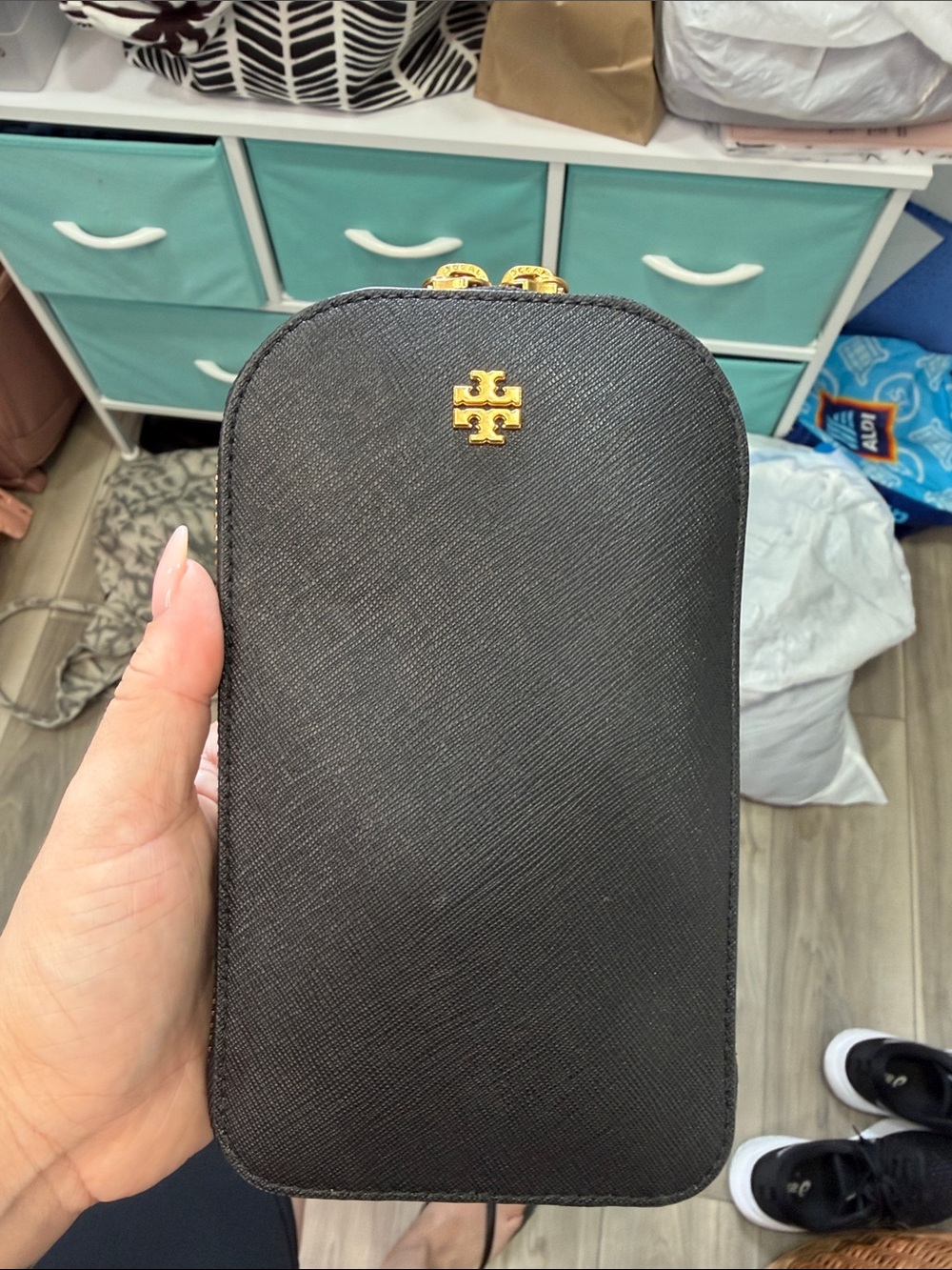 Tory Burch Black Saffiano Leather Phone Crossbody Pouch with Gold Logo